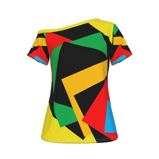 Origen Destination |On-Arrival Point of Origen Women's Black/Gold/Red Off-Shoulder T-shirt