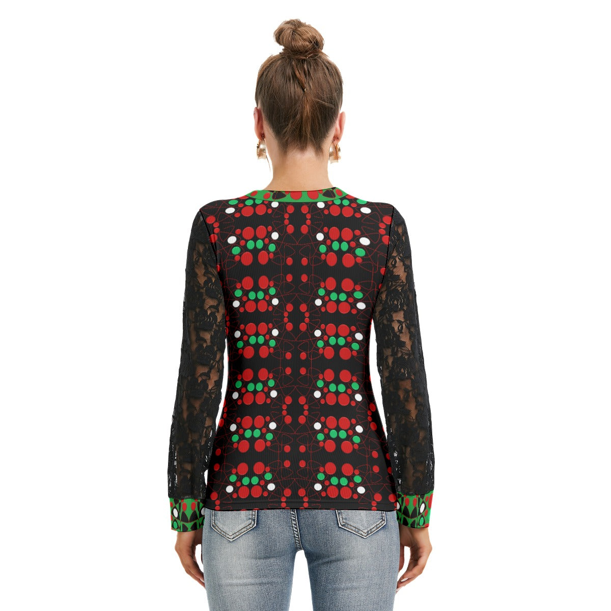 Origen Destination Women's Patterned Black Lace sleeves top
