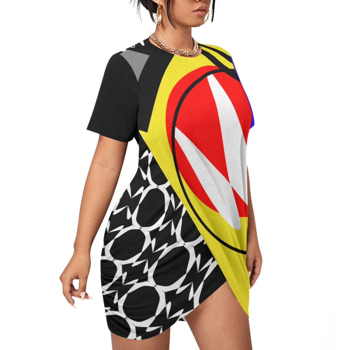 Origen Destination |On-Arrival Point of Origen Symbol-inspired Women’s Stacked Hem Dress With Short Sleeve(Full-figured)