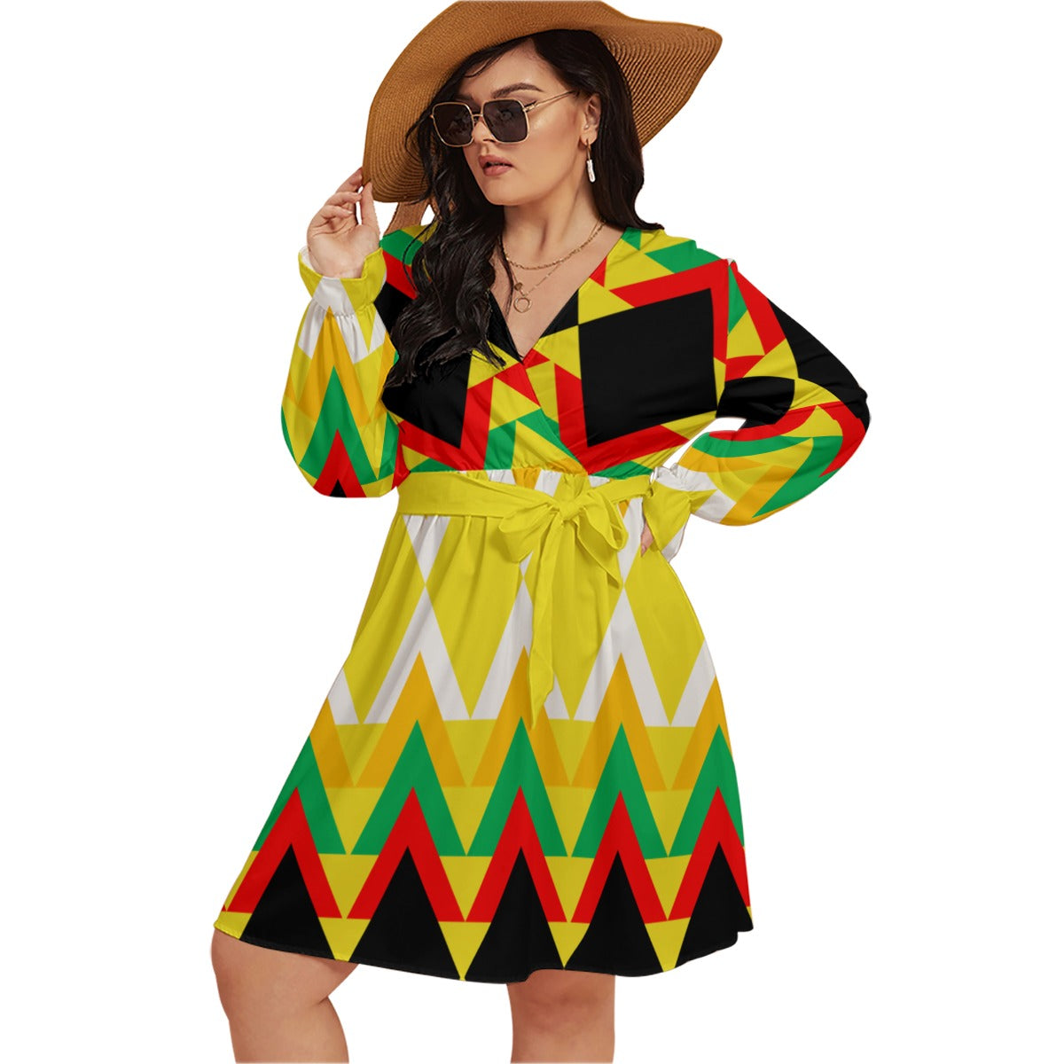 Origen Destination |On-Arrival Point of Origen Women's V-neck Long Sleeve Dress(Full-figured)