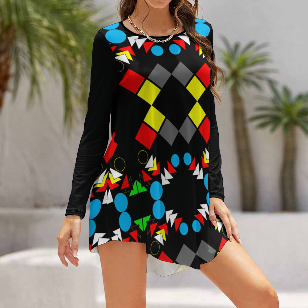 OD Stylish Long Sleeves Skirt Women's Casual Dress BlkPatt