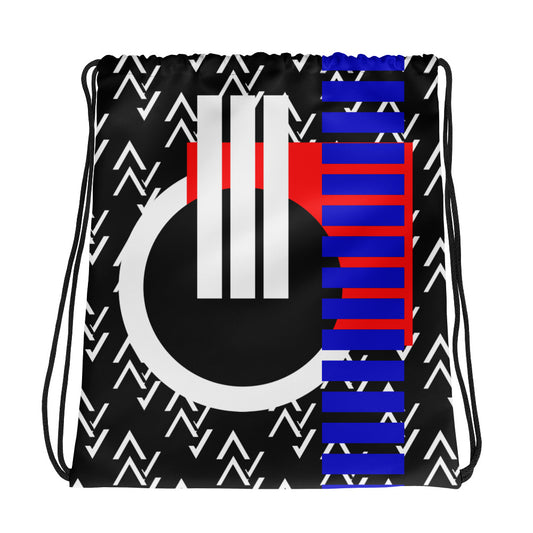 Origen Destination |On-Arrival Point of Origen Symbol-inspired Black/Blue Drawstring bag