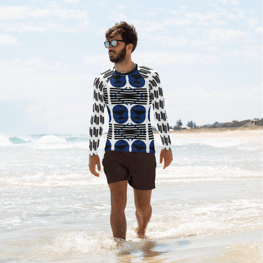 Origen Destination |On-Arrival Point of Origen Symbol-inspired Men's White/Blue Rash Guard