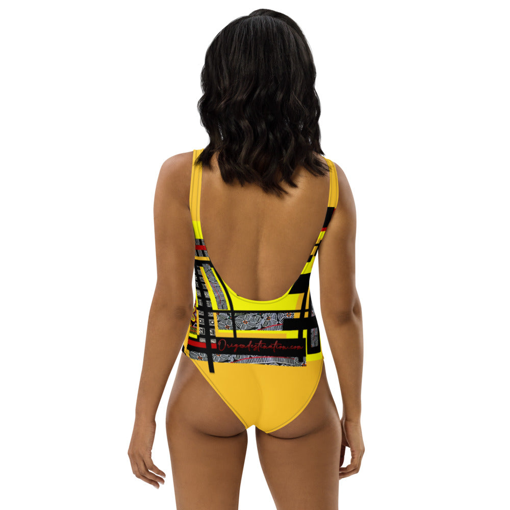 Origen Destination |On-Arrival Point of Origɛn African Symbol-inspired Yellow/Red One-Piece Swimsuit