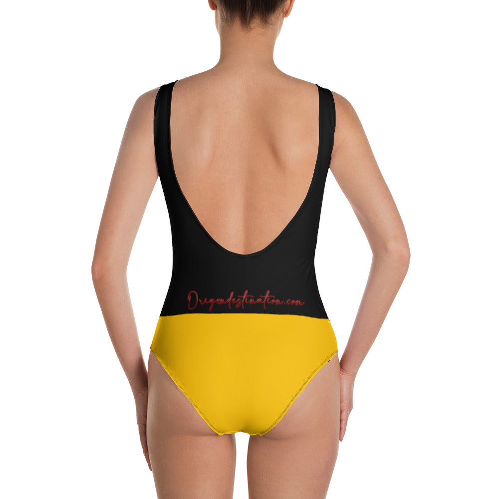 Origen Destination |On-Arrival Point of Origen Symbol-inspired Gold/Black/White One-Piece Swimsuit