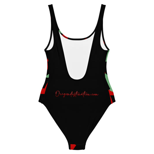 Origen Destination |On-Arrival Point of Origen Symbol-inspired One-Piece Red/Black/Sage Swimsuit