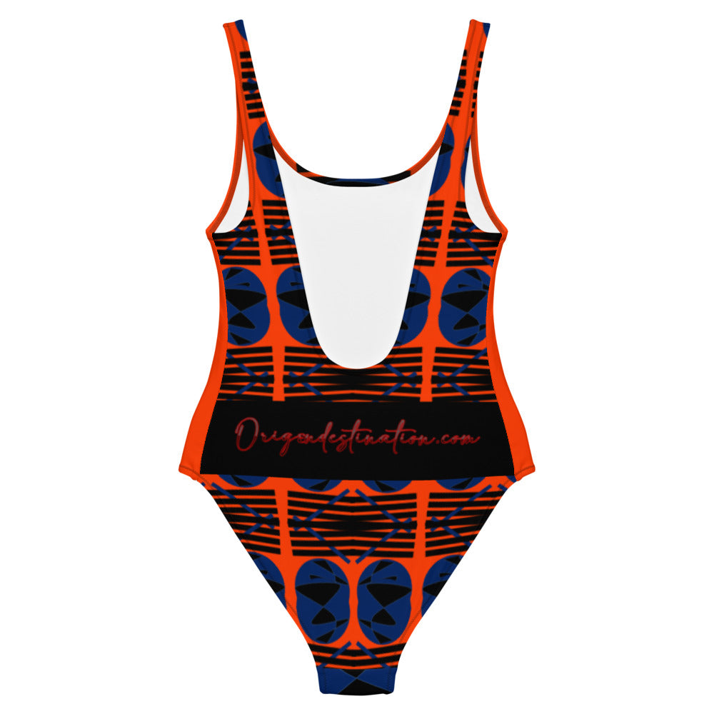 Origen Destination |On-Arrival Point of Origen Symbol-inspired Orange One-Piece Swimsuit