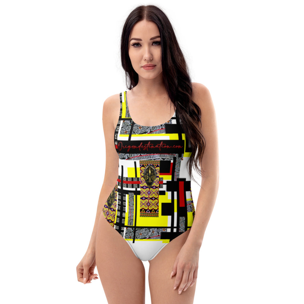 Origen Destination |On-Arrival Point of Origɛn African Symbol-inspired White One-Piece Swimsuit