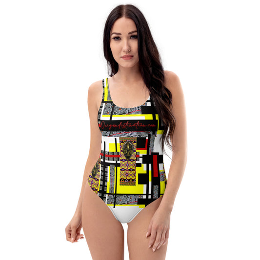 Origen Destination |On-Arrival Point of Origɛn African Symbol-inspired White One-Piece Swimsuit