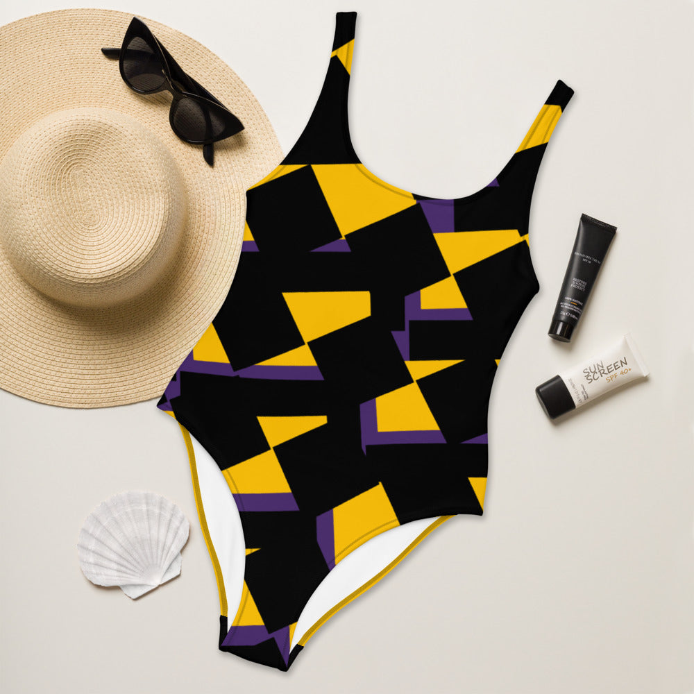 Origen Destination |On-Arrival Point of Origen Symbol-inspired One-Piece Gold/ Purple/Black Swimsuit
