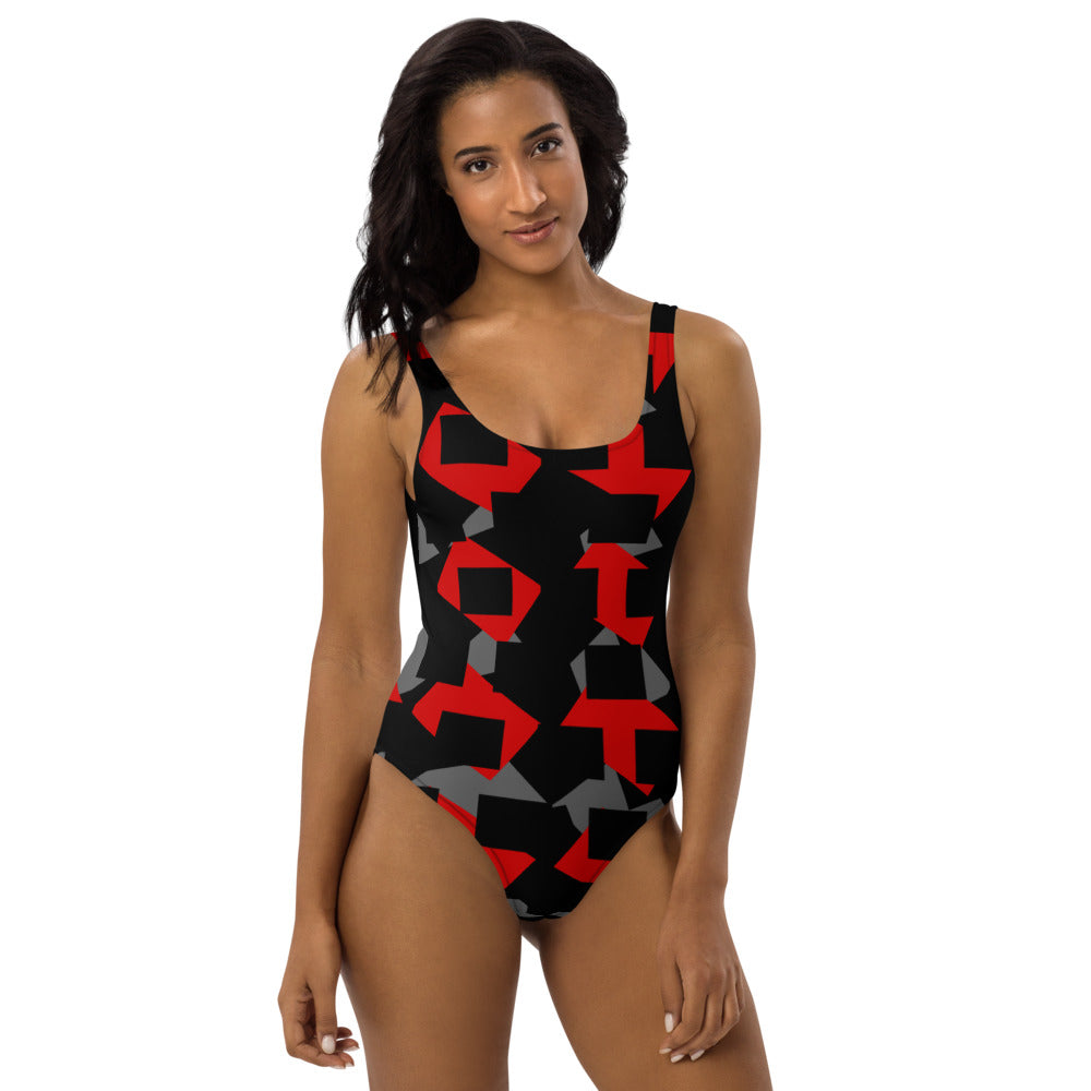 Origen Destination |On-Arrival Point of Origen Symbol-inspired One-Piece Gray/Red/Black Swimsuit