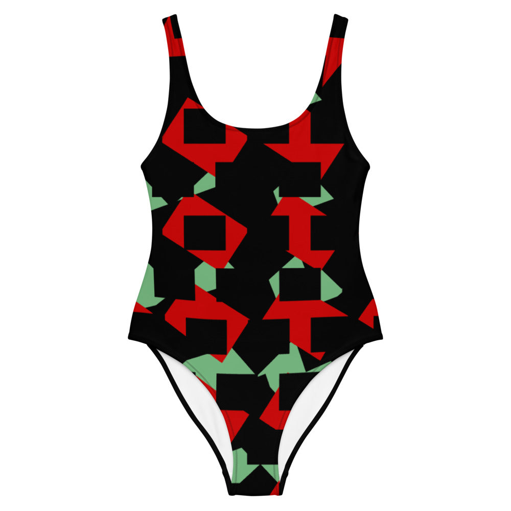 Origen Destination |On-Arrival Point of Origen Symbol-inspired One-Piece Red/Black/Sage Swimsuit
