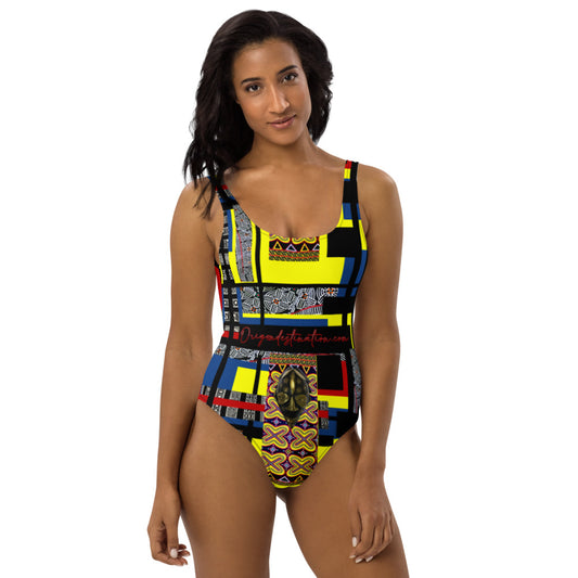 Origen Destination |On-Arrival Point of Origɛn African Symbol-inspired  Blue One-Piece Swimsuit