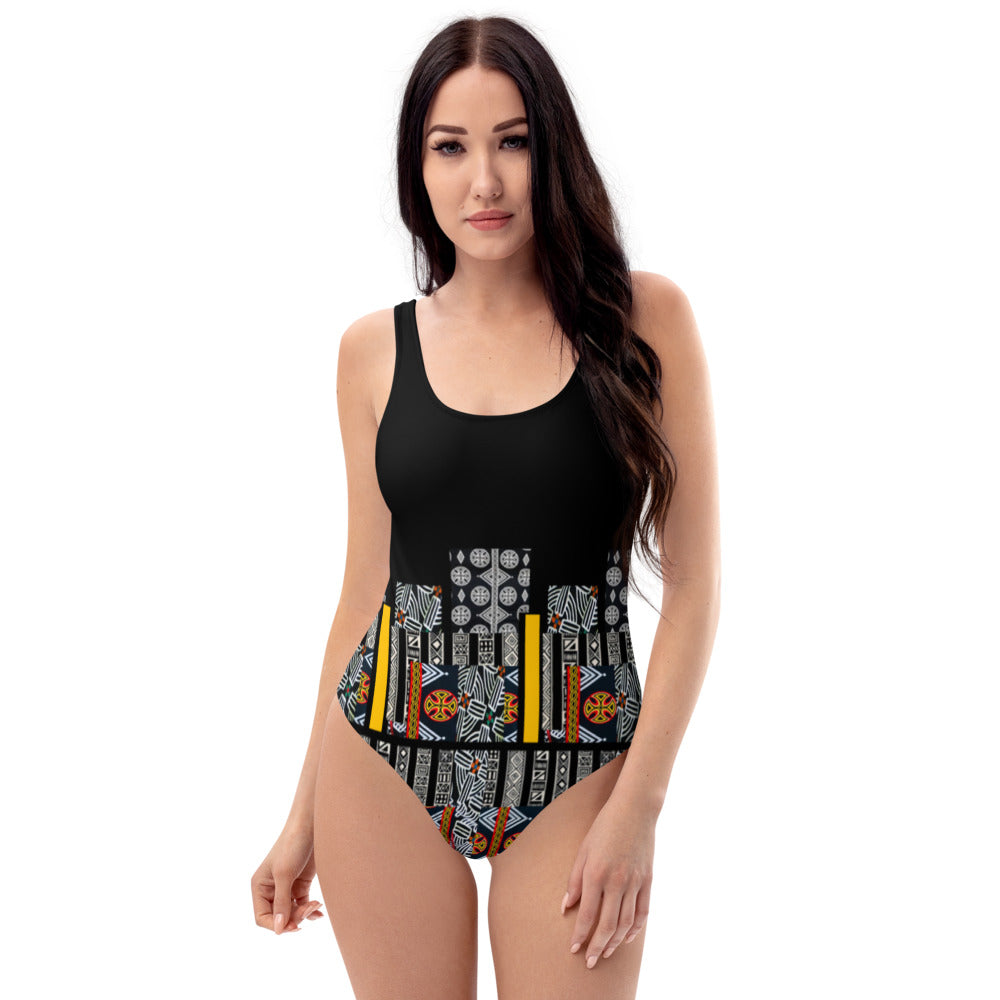 Origen Destination |On-Arrival Point of Origɛn African Symbol-inspired Black One-Piece Swimsuit