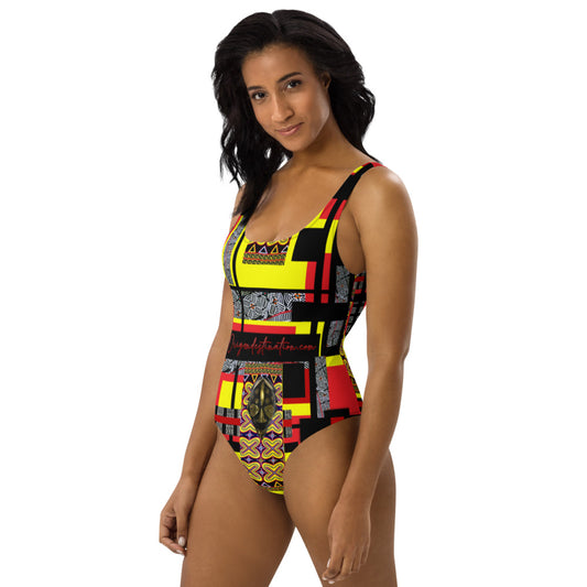 Origen Destination |On-Arrival Point of Origɛn African Symbol-inspired Red One-Piece Swimsuit