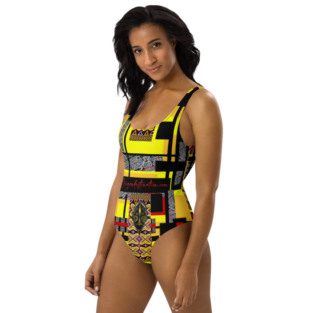 Origen Destination |On-Arrival Point of Origɛn African Symbol-inspired Yellow/Red One-Piece Swimsuit