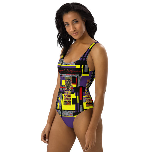 Origen Destination |On-Arrival Point of Origɛn African Symbol-inspired Purple/Gold One-Piece Swimsuit