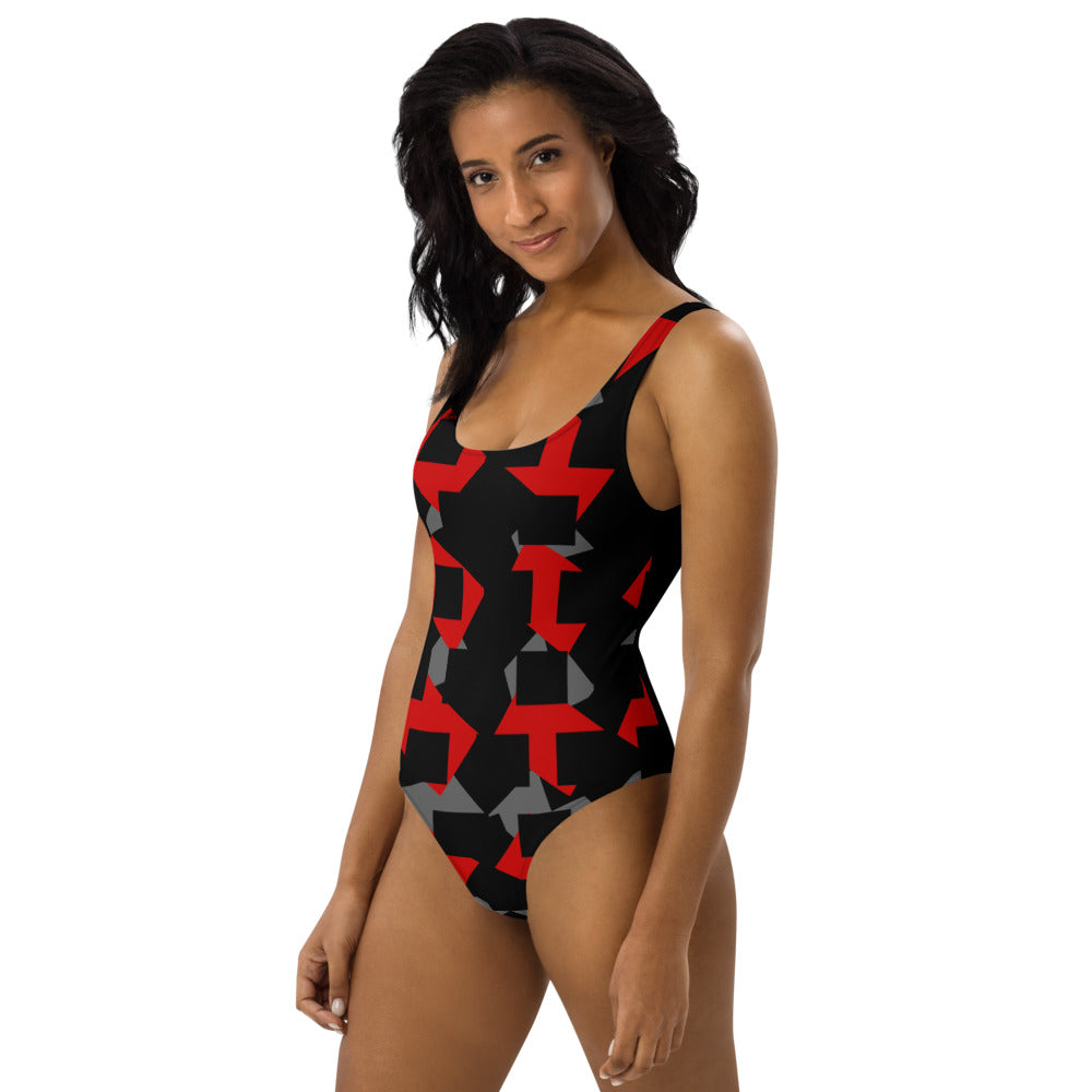 Origen Destination |On-Arrival Point of Origen Symbol-inspired One-Piece Gray/Red/Black Swimsuit