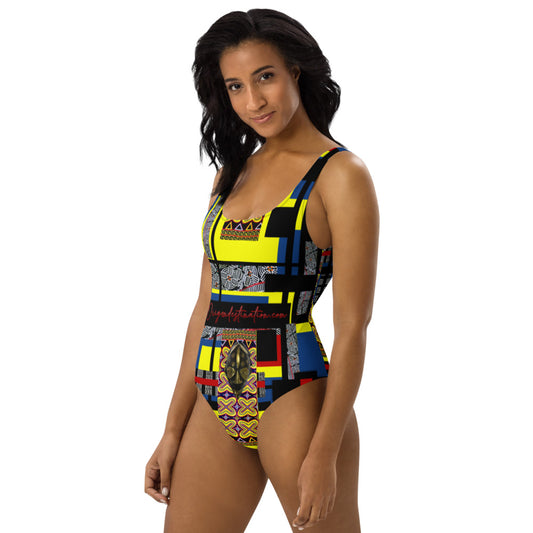 Origen Destination |On-Arrival Point of Origɛn African Symbol-inspired  Blue One-Piece Swimsuit