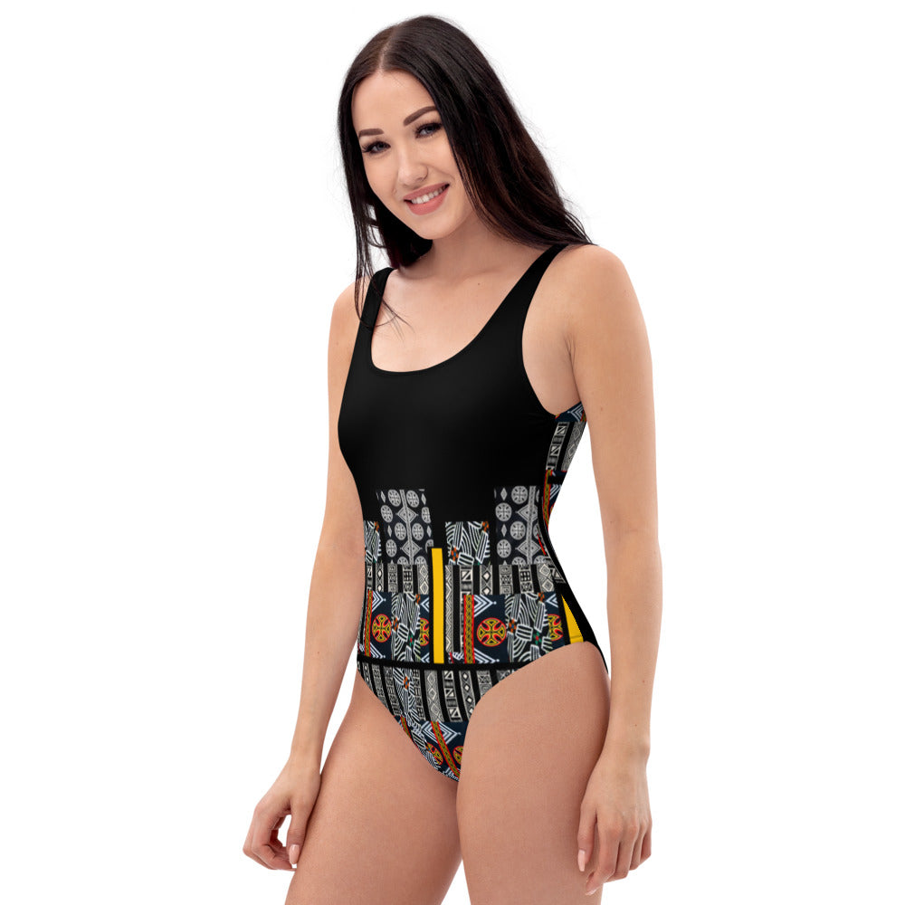 Origen Destination |On-Arrival Point of Origɛn African Symbol-inspired Black One-Piece Swimsuit