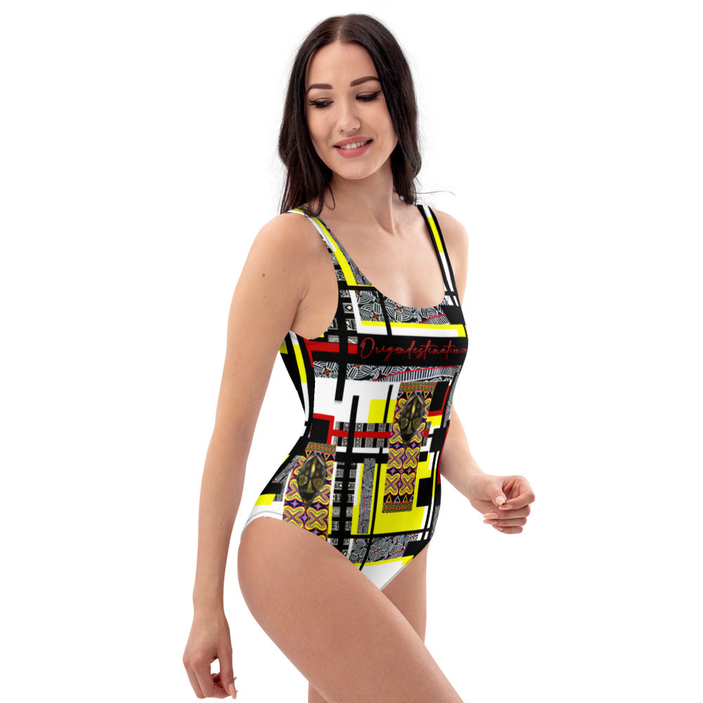 Origen Destination |On-Arrival Point of Origɛn African Symbol-inspired White One-Piece Swimsuit
