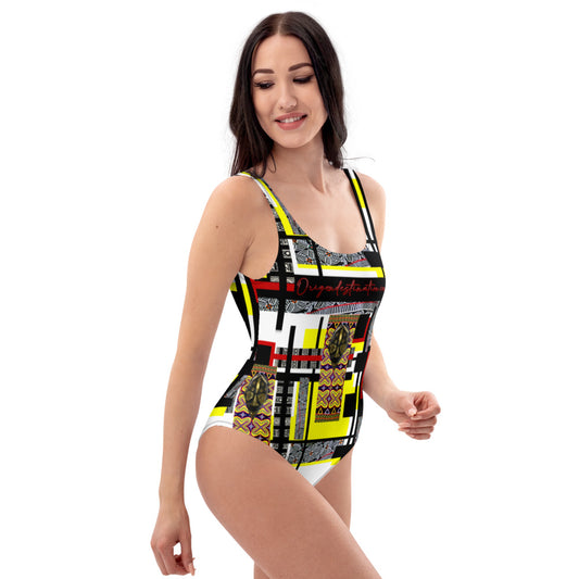 Origen Destination |On-Arrival Point of Origɛn African Symbol-inspired White One-Piece Swimsuit