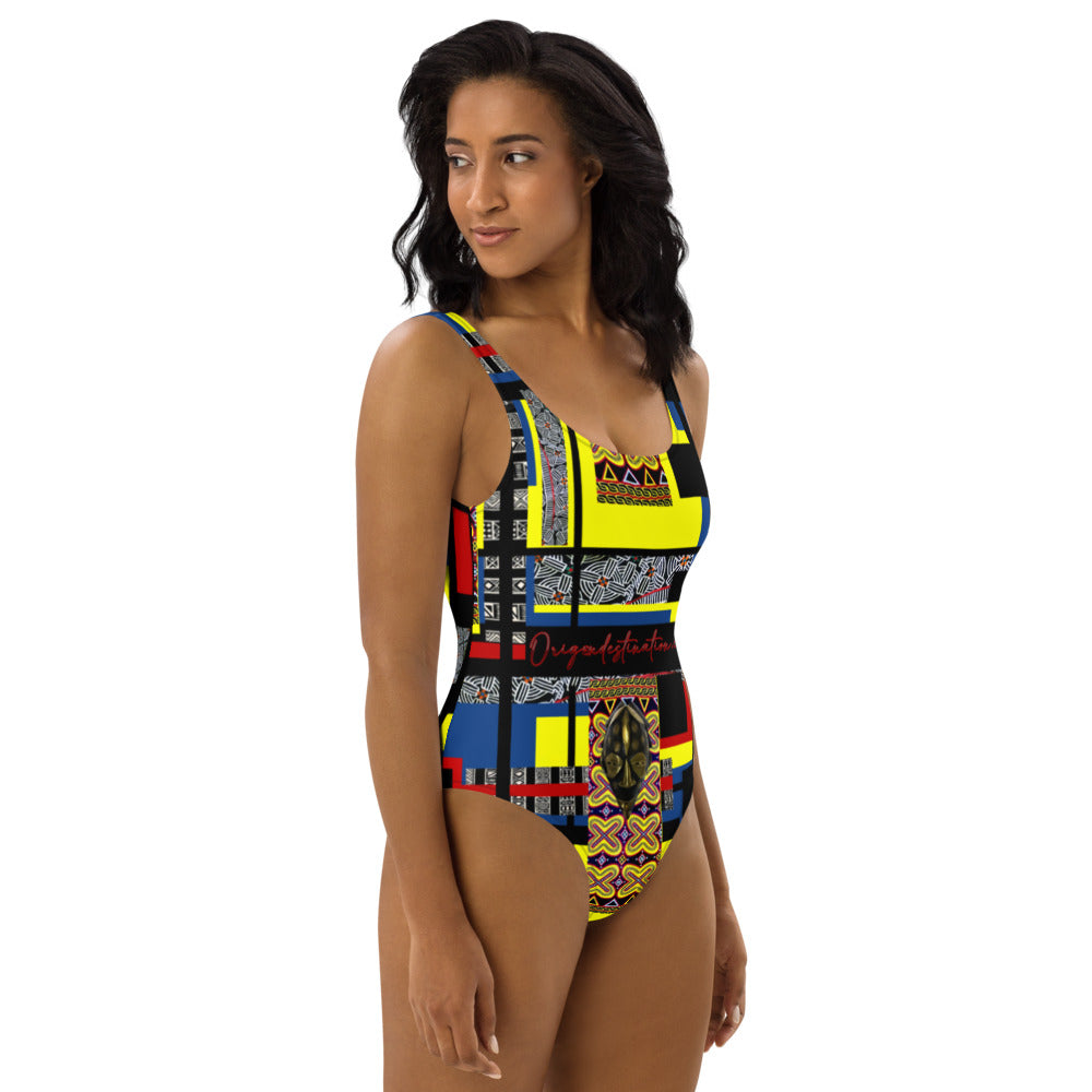 Origen Destination |On-Arrival Point of Origɛn African Symbol-inspired  Blue One-Piece Swimsuit