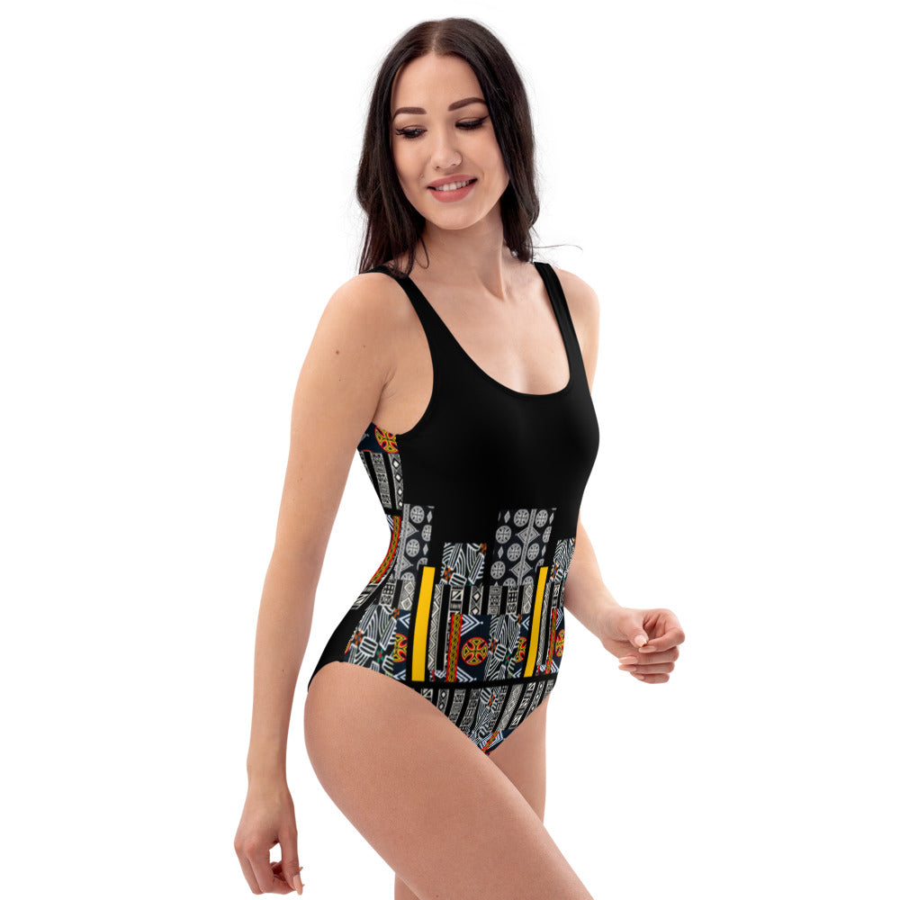 Origen Destination |On-Arrival Point of Origɛn African Symbol-inspired Black One-Piece Swimsuit