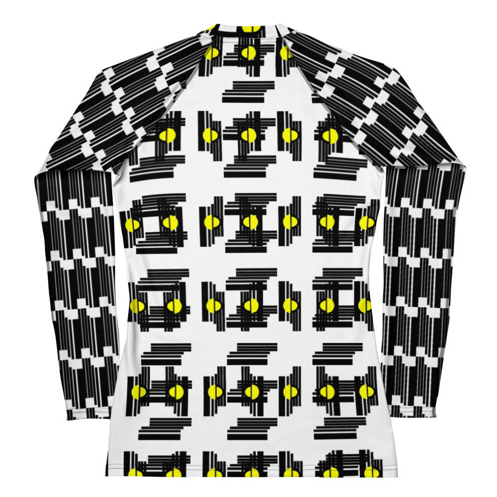 Origen Destination |On-Arrival Point of Origen Women's White/Yellow sphere Symbol-inspired Rash Guard