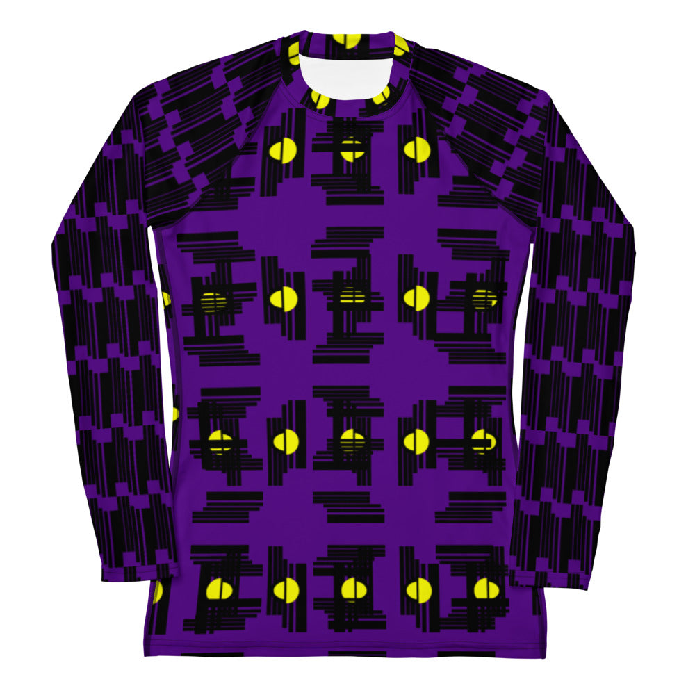 Origen Destination |On-Arrival Point of Origen Women's Purple/Gold sphere Symbol-inspired Rash Guard