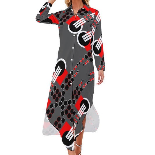 OD Custom Women's Long Sleeves Shirt Dress Button-Up Gry
