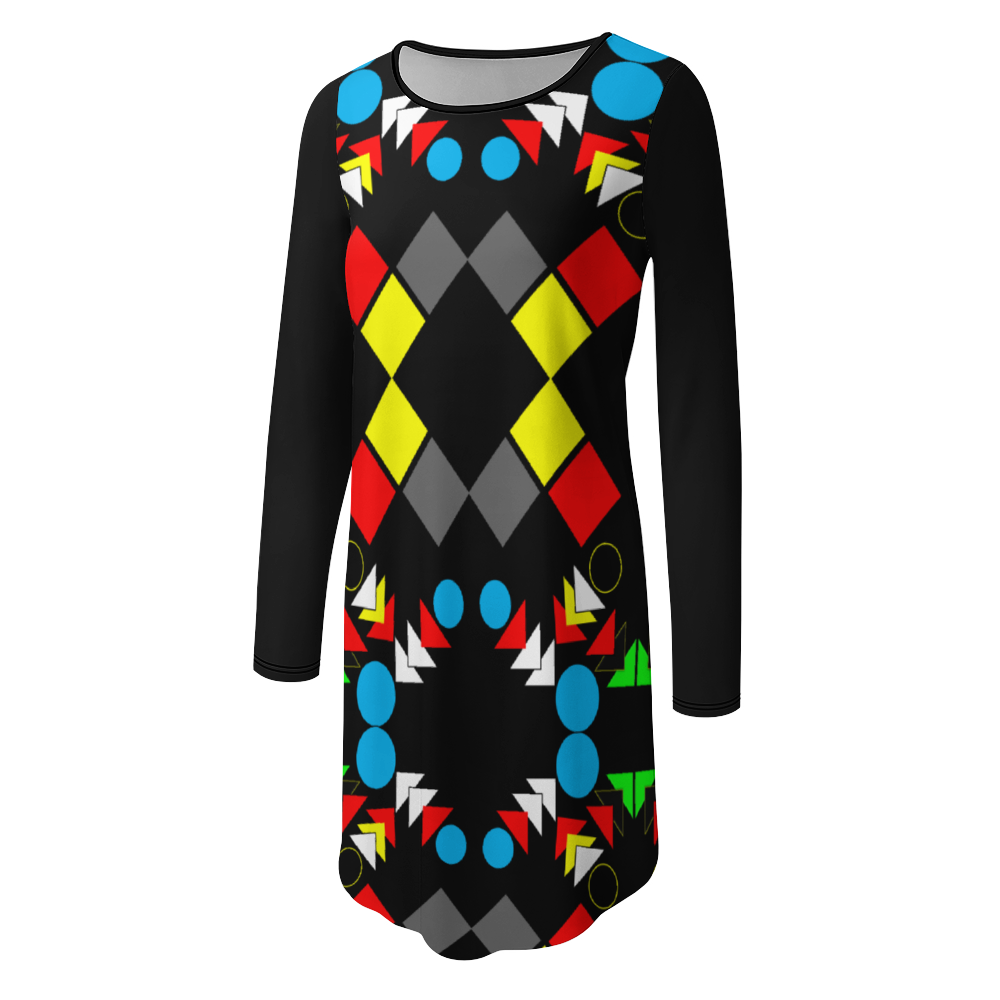 OD Stylish Long Sleeves Skirt Women's Casual Dress BlkPatt