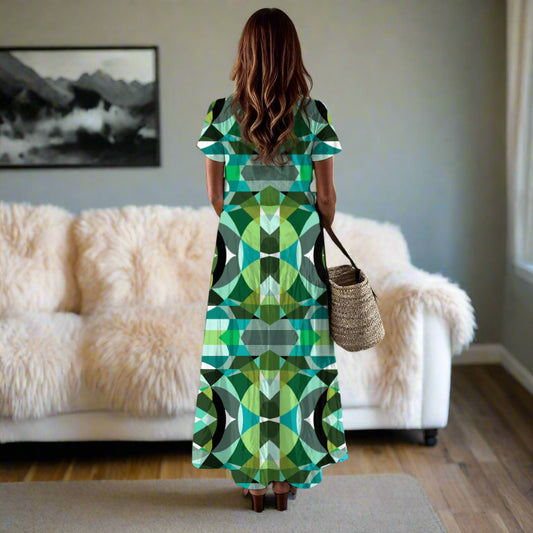 Woman in a green geometric dress standing in a living room with a furry couch and wall picture.