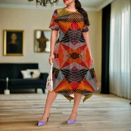 Woman wearing a colorful patterned dress on a beige background
