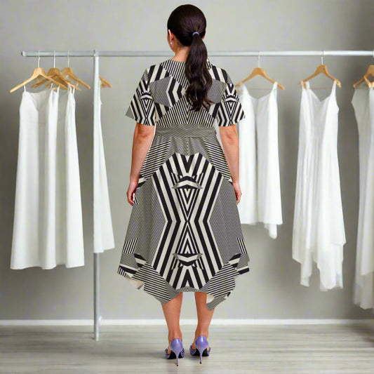 Woman wearing a black and white patterned dress on a light gray background