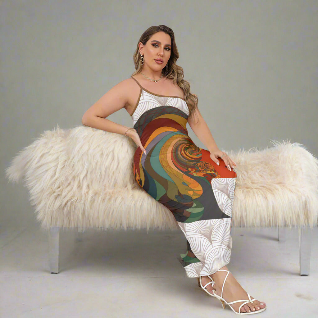 Woman sitting on a couch wearing a colorful patterned outfit.