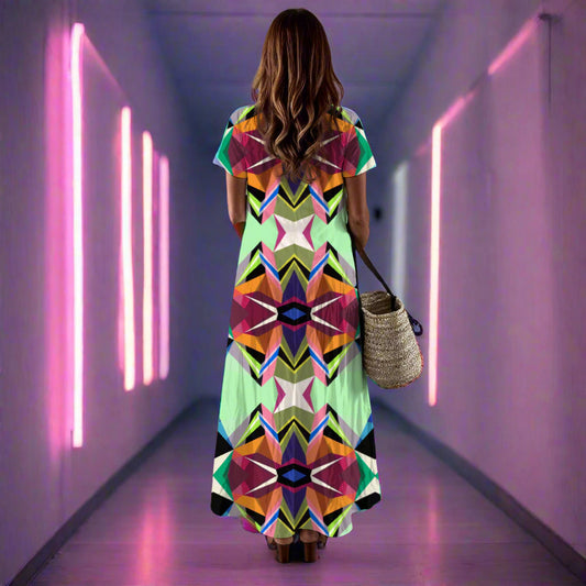 Woman wearing a colorful geometric dress standing in hallway.
