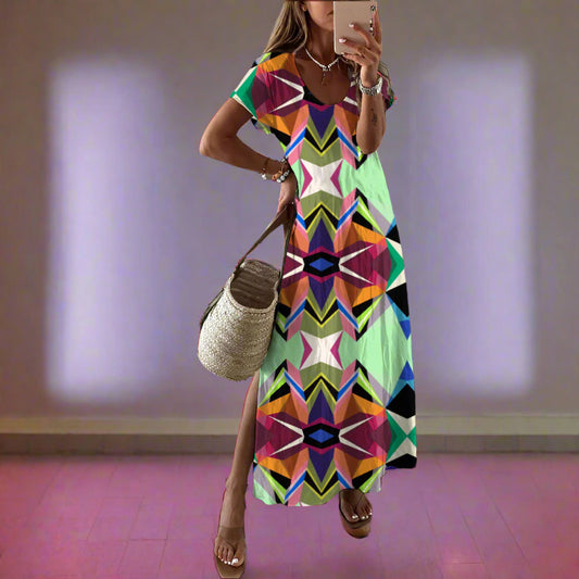 Woman taking a mirror selfie wearing a colorful geometric dress in a setting.