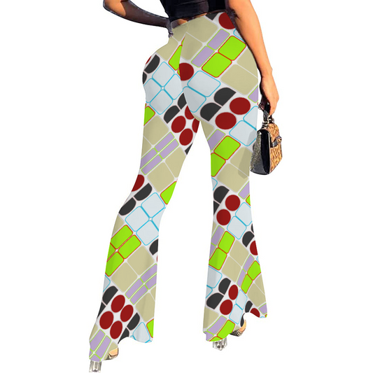 OD Women's Print Stretch Bell Bottom Flare Pants Trousers TanPat
