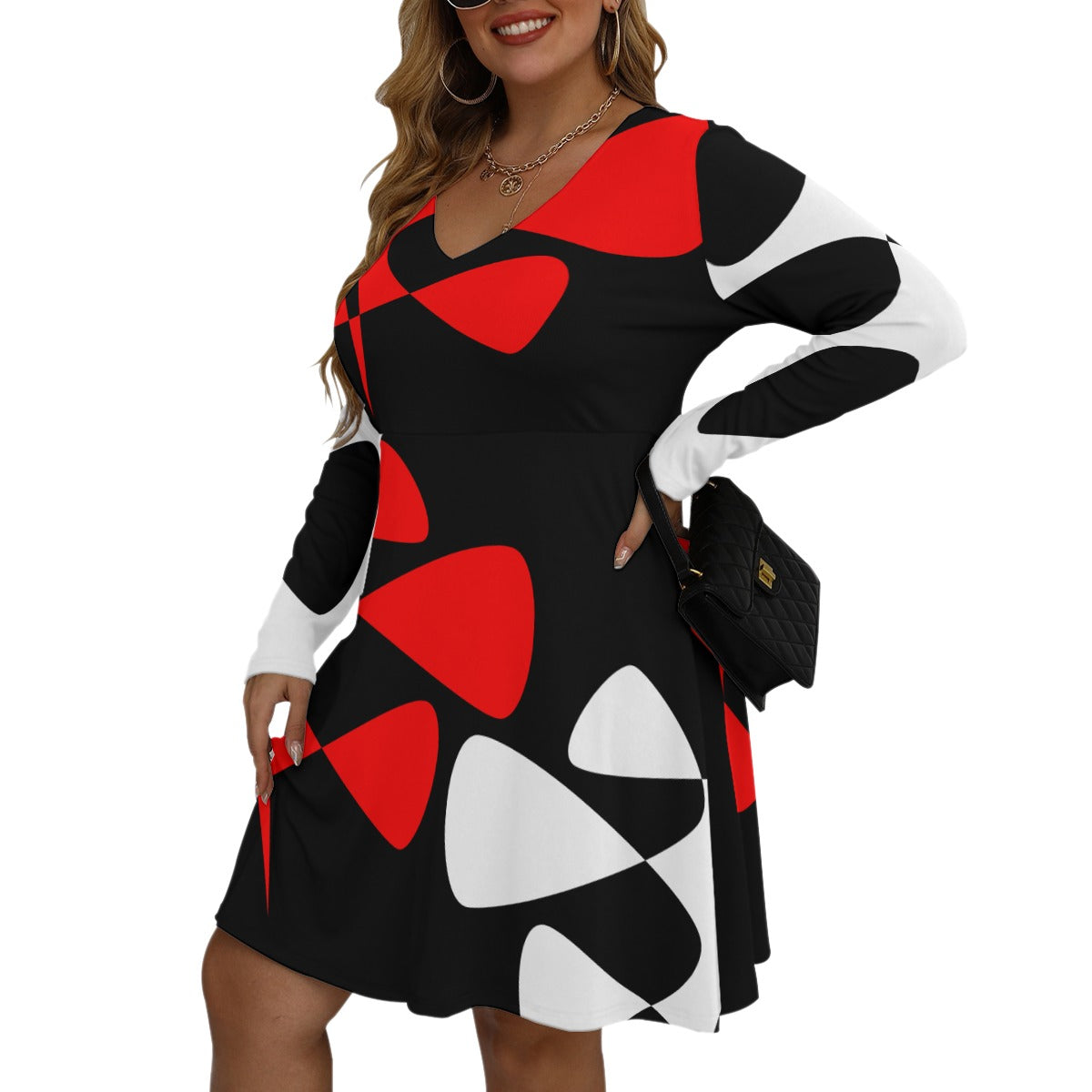 Origen Destination |On-Arrival Point of Origen Women's Red/Black/White V-neck Long Sleeve Dress(Full-figured)