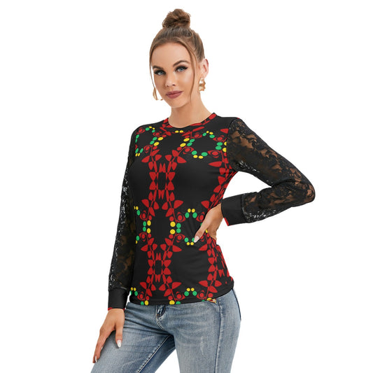 Origen Destination Women's Patterned Black Lace sleeves top