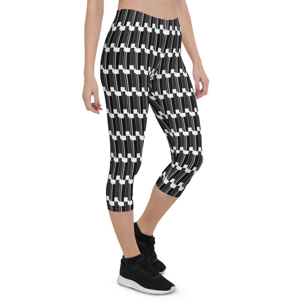 Origen Destination |On-Arrival Point of Origen Symbol-inspired White/Black Capri Leggings