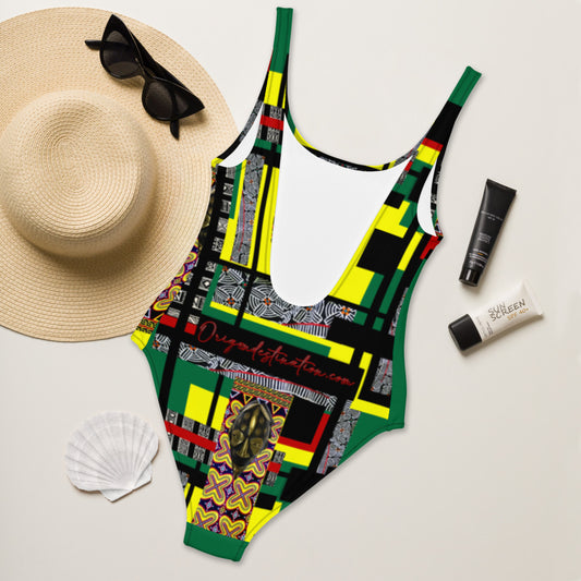 Origen Destination |On-Arrival Point of Origɛn African Symbol-inspired One-Piece Green/Yellow Swimsuit