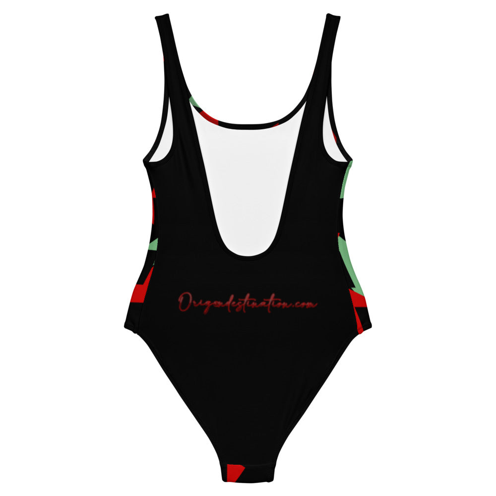 Origen Destination |On-Arrival Point of Origen Symbol-inspired One-Piece Red/Black/Sage Swimsuit