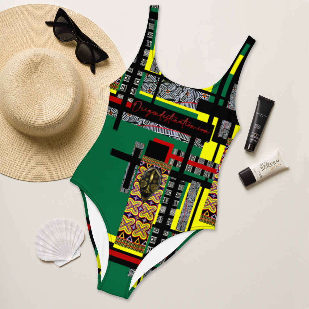 Origen Destination |On-Arrival Point of Origɛn African Symbol-inspired One-Piece Green/Yellow Swimsuit