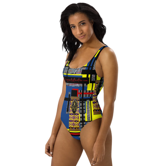 Origen Destination |On-Arrival Point of Origɛn African Symbol-inspired One-Piece Blue/Yellow Swimsuit