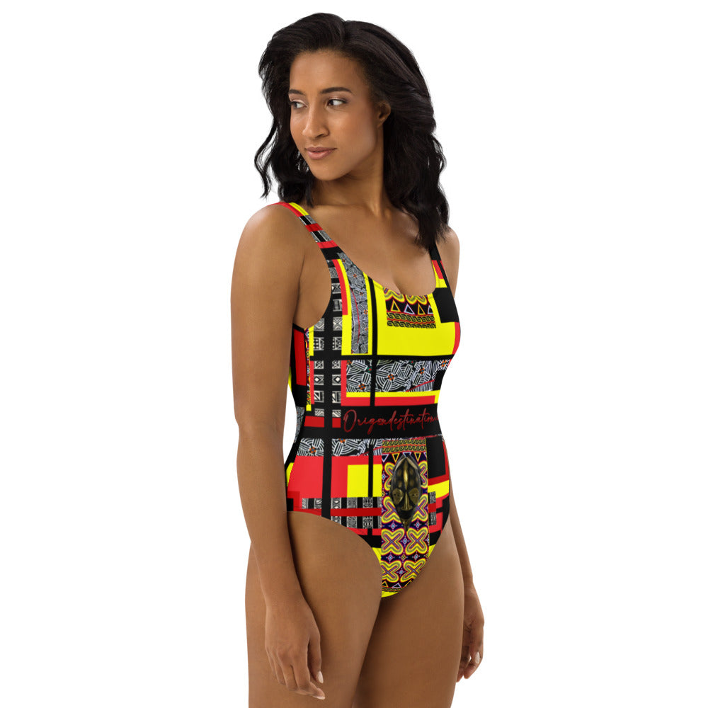 Origen Destination |On-Arrival Point of Origɛn African Symbol-inspired Red One-Piece Swimsuit
