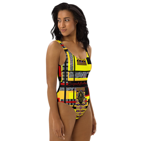 Origen Destination |On-Arrival Point of Origɛn African Symbol-inspired Yellow/Red One-Piece Swimsuit