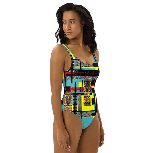 Origen Destination |On-Arrival Point of Origɛn African Symbol-inspired Yellow/Turquoise One-Piece Swimsuit